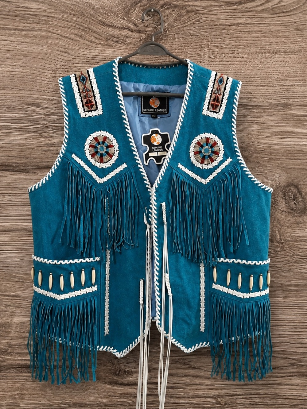 Teal Genuine Leather Fringe Vest with Beaded Accents